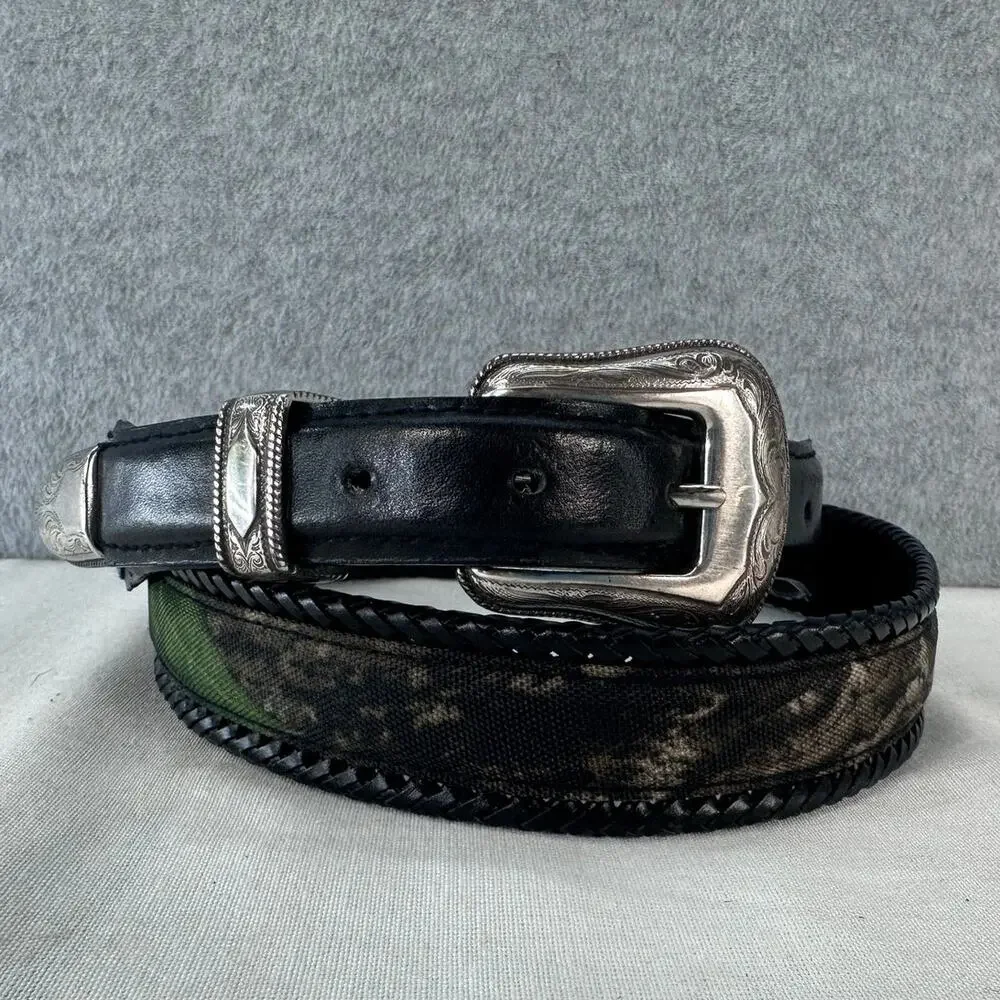 Nocona Men's 44 Western Belt Embossed Silver Tone Buckle Camo Black Leather Belt